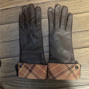 Barbour Rustic Brown Leather Gloves with Plaid Cuffs